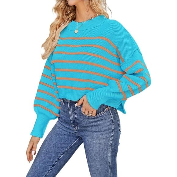 Free People Blue Striped Oversized Knit Sweater Pullover Long Sleeve Sz Small - Picture 4 of 10